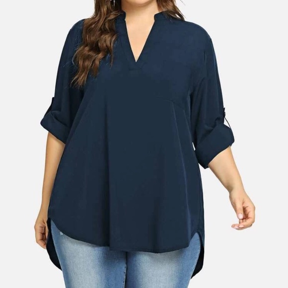 Tops - Roll tab long sleeve notched v neck hi low tunic top shirt navy blue boho